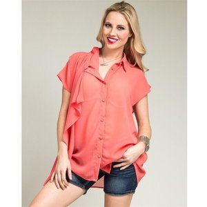 Roman Women's Sheer Chiffon Top Side-Drape Hi-Lo-Hem Coral Plus Size 1X NWT